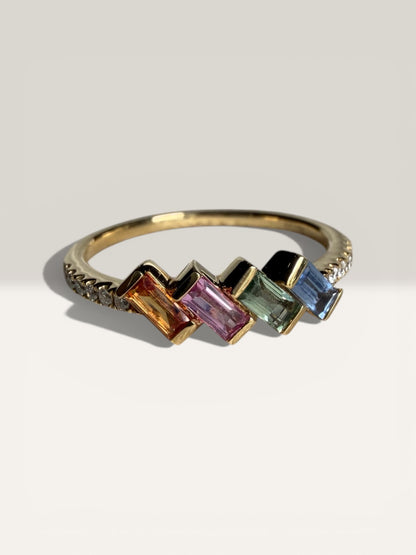 Multi-Colored Sapphire Baguette and Diamond Ring