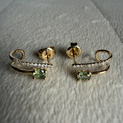 Oval Green Sapphire and Diamond Huggie Earrings