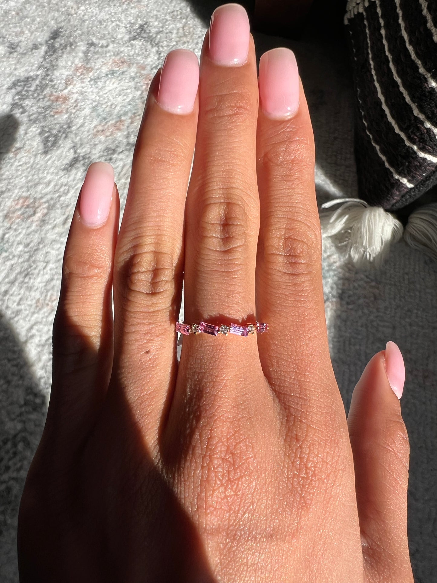 Pink Sapphire Baguette and Diamond Ring