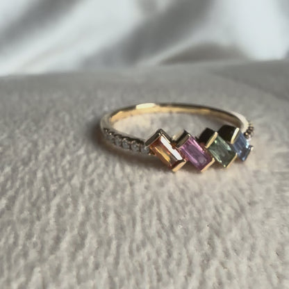 Multi-Colored Sapphire Baguette and Diamond Ring